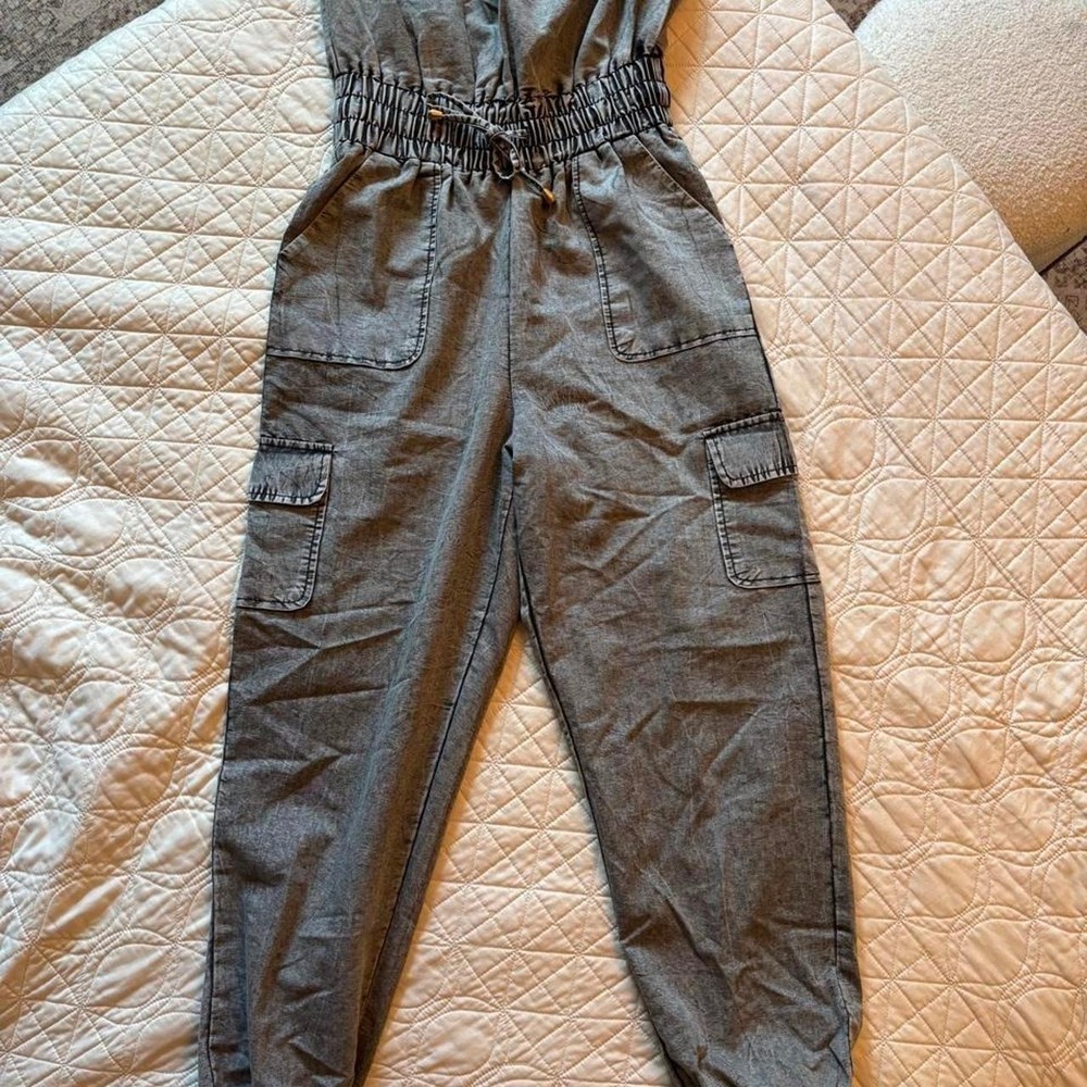 Grey Acid Wash Strapless Cargo Jumpsuit Smocked Waist Utility Romper